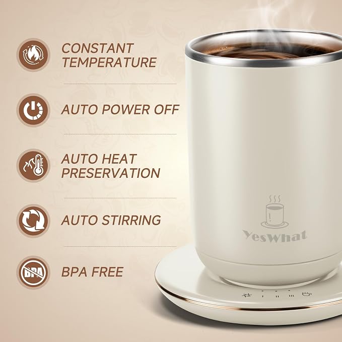 Yeswhat Self Heating and Stirring Coffee Mug,10 oz Temperature Control Mug | Electric Coffee Cup for Desk Auto Shut Off Warming Mug Gifts for Coffee Lovers