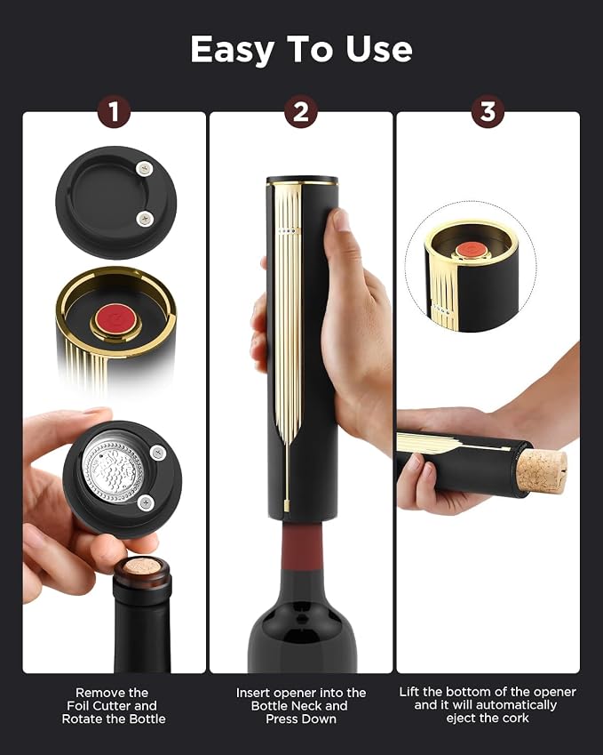 Newise Rechargeable Electric Wine Bottle Opener with Charging Base & Foil Cutter, Luxury Wine Lovers Gifts for Women Men - Gold & Black