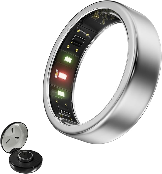 Smart Ring, Titanium Health & Fitness Tracker with Sleep, Heart Rate & SPO₂ Monitoring, Ultra-Light, 4–6 Day Battery, No Subscription, for Women & Men （Silver 7