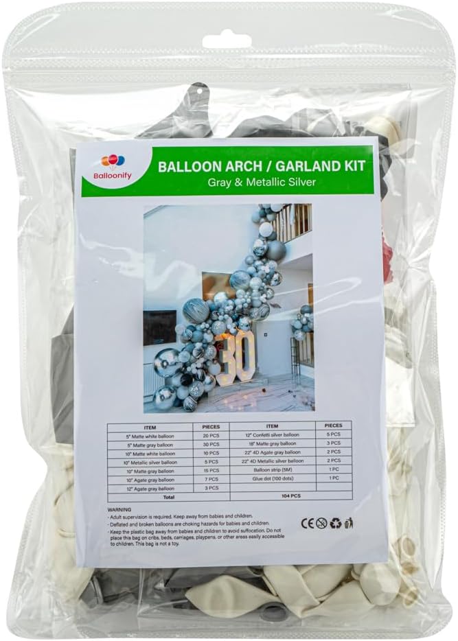 Restaurantware-Balloonify Balloon Garland Set, 1 Party Decoration Kit - 102 Balloons, With Chain, Gray & Metallic Silver Latex Balloon Arch Kit, Includes Glue Dots