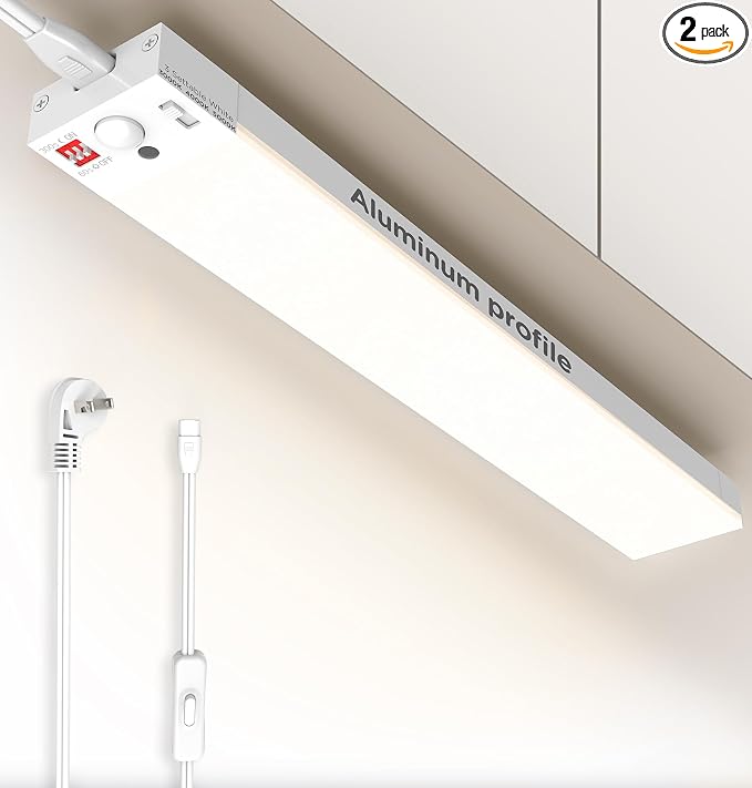 Under Cabinet Lighting Plug in, AC120V 3CCT 3000/4000/5000K Motion Sensor Light Indoor with Timer, Super Bright Linkable LED Counter Light for Kitchen, Closet, White 18 Inch, 2Pack