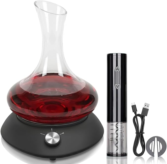5-in-1 Automatic Electric Wine Decanter Set ，Black Rotation Aerator Base with Glass Carafe, Electric Wine Opener with Foil Cutter, Wine Gifts & Accessories for Wine Lovers and Women