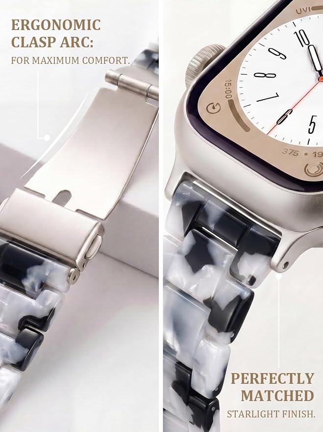 V-MORO Resin Bands Compatible with Apple Watch Series 11/10/9/8/7 Band 45mm 46mm Starlight Buckle Lightweight Fashion Strap Bracelet for iwatch Series SE/6/5/4/3/2/1(Black/White,42/44/45/46/49mm)