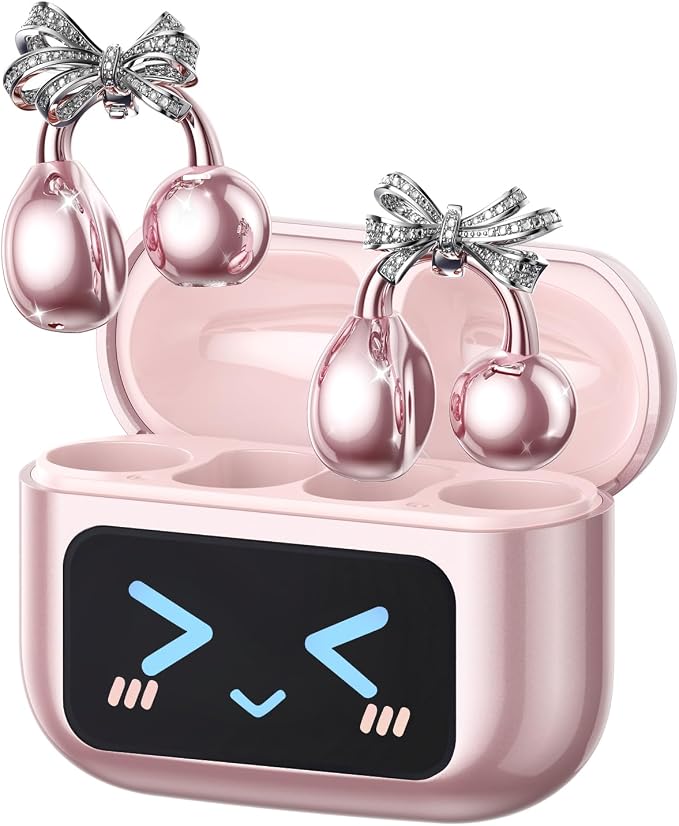PAXA Stylish Open Ear Clip On Earbuds with Removable Butterfly Earring, Clip On Headphones with LCD Touch Screen, Fashionables Open Ear Headphones for Women, Bow Tie Earring Rose Gold Earbuds M100
