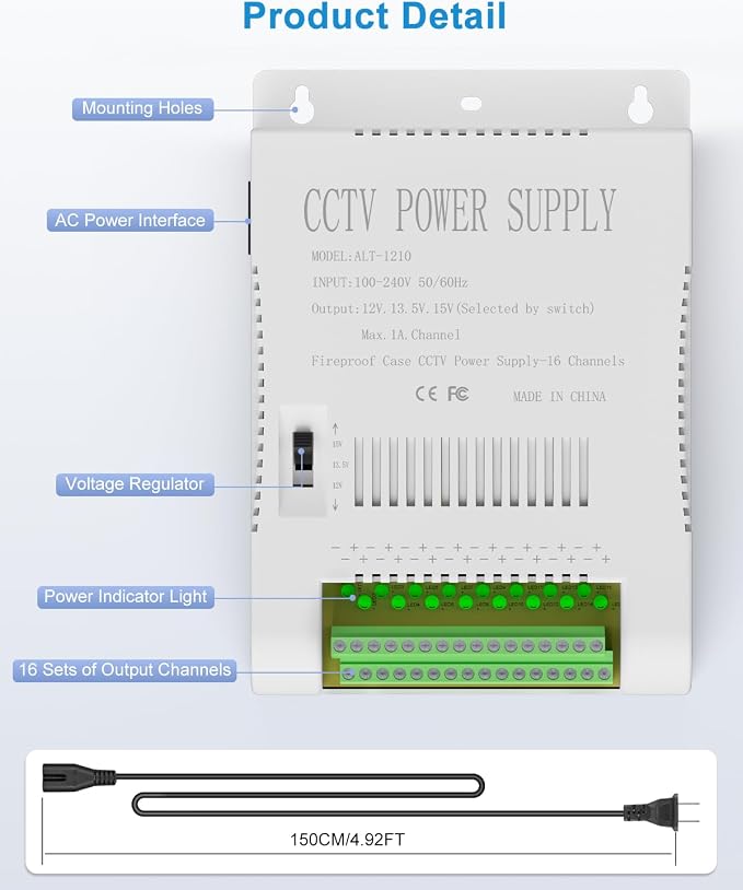 ALITOVE Security Camera CCTV Power Supply 12 Volt 16 Channel Power Distribution Box 10A 120W DC Voltage Adjustable 12V 13.5V 15V AC Adapter 100-240V 50-60Hz for DVR NVR Camera, LED Strip Light