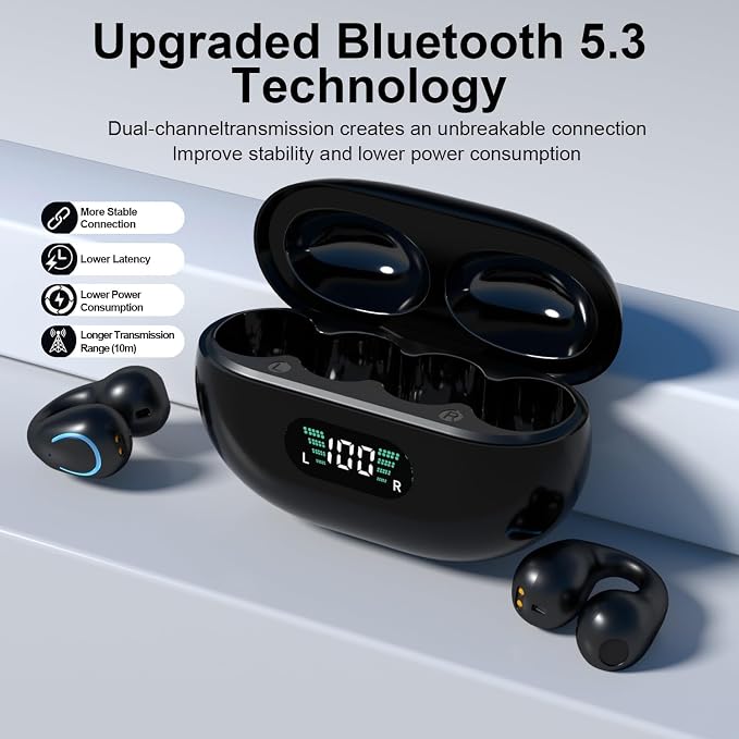 Open Ear Bone Conduction Headphones Bluetooth 5.3 Wireless Clip On Earbuds with Digital Display Charging Case 60 Hours Playtime Sport Earphones Built-in Mic IPX7Waterproof for Running Fitness Exercise
