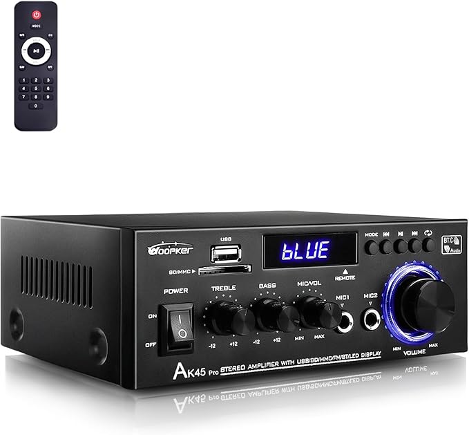 WOOPKER AK45 Pro Amplifier Home Audio Stereo Receivers with Bluetooth 5.0,Max 400W,2.0 Channel Stereo Amplifier System for Home Theater Speakers, Karaoke,Garage,Home Amp with USB,SD,RCA,2 MIC in