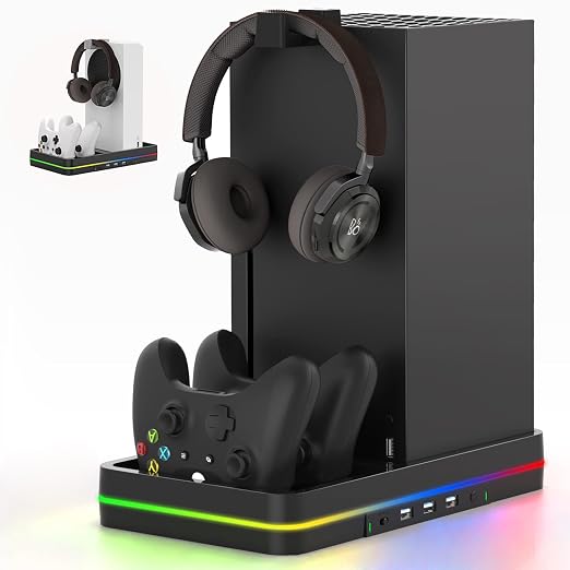 KEPLUG Dual Cooling Fan and Cooling Stand for Xbox Series X/S Console/Controller Dual Controller Charger Station with RGB LED Light & 3 USB Ports,Xbox Series x Accessories with 2 Headphone Hooks