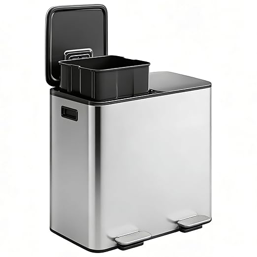 Garvee Trash Can, 2 x 8 gal (2 x 30 L) Garbage Can for Kitchen Dual Compartment Recycling Kitchen Step Trash Bin, Stainless Steel Trash and Recycle Bin Combo with Soft-Close Lid,Silver