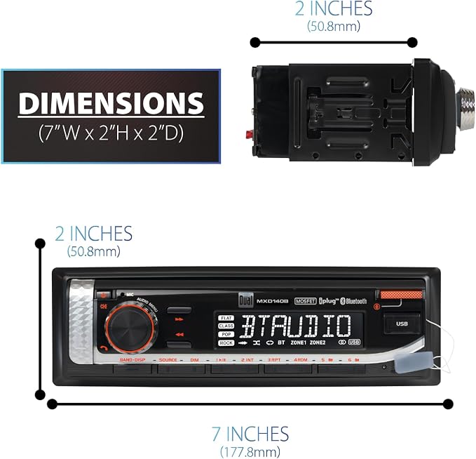 Dual Electronics MXD140B Marine Stereo with Built-in Bluetooth | Single DIN 8-Character Sunlight-Readable LCD Display | Weatherproof | AM/FM Stereo Receiver | USB Port with 2.1 A Charging | Black