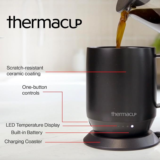 THERMACUP Premium Self Heating Coffee Mug, Temperature Controlled Heated Cup, Long Battery Life, Portable Electric Mug Warmer, Stainless Steel, Gift for Coffee Lovers, Home & Office (Black)