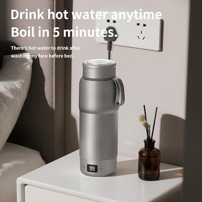 ZING TTI Pure titanium Electric Heated Travel Kettle,17.5 oz,Double-layer vacuum, Portable Electric Kettle, Adjustable Multi-Temperature Settings, 100V-240V Compatible, Grayl Water Bottle.