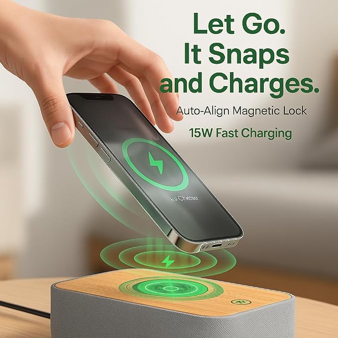 REACHER 15W Fast Magnetic Wireless Charging Alarm Clock with White Noise Machine, Woodgrain Style, 20 High‑Fidelity Sounds, Gradual Wake & Snooze, 0–100% Dimmable Digital Clock, Bedroom & Office