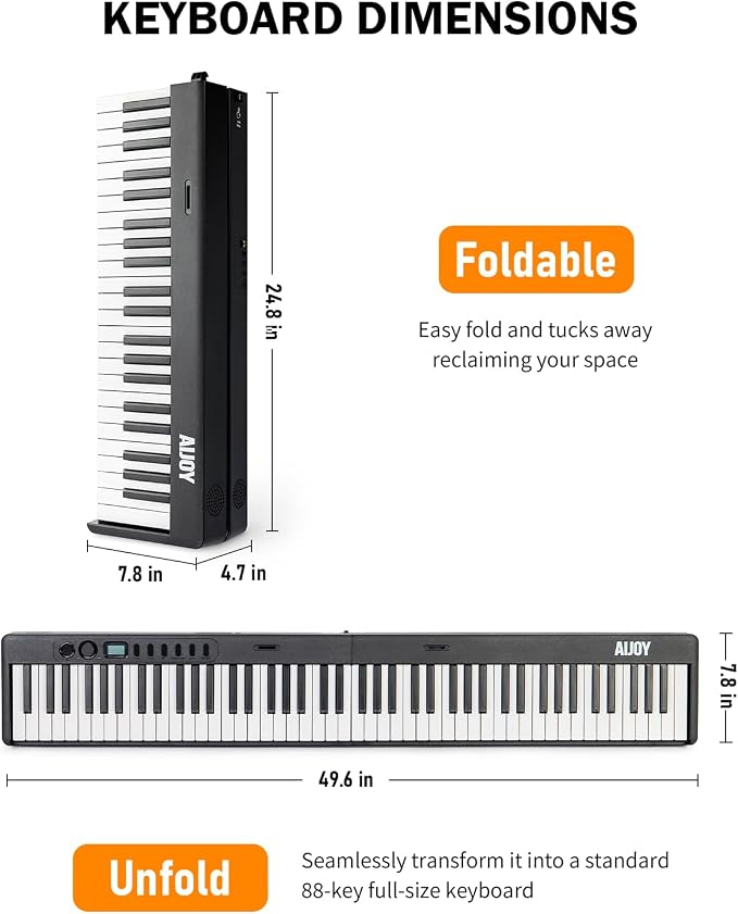 AiJoy 88-Key Portable Piano Keyboard with Semi-Weighted Keys Folding Piano, Built-in Speakers/MIDI, Long Battery Life Electric Keyboard Piano for Beginners