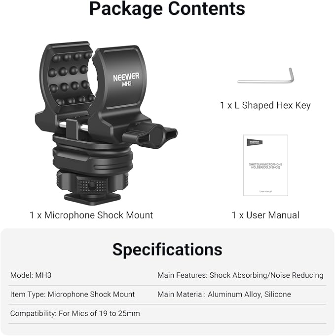 NEEWER Microphone Holder with Cold Shoe Adapter, Noise Reducing Shock Absorbing Mic Mount Accessories with Built in Silicone Pads, for Mics of 0.7" to 1" (19 to 25mm) in Diameter, MH3