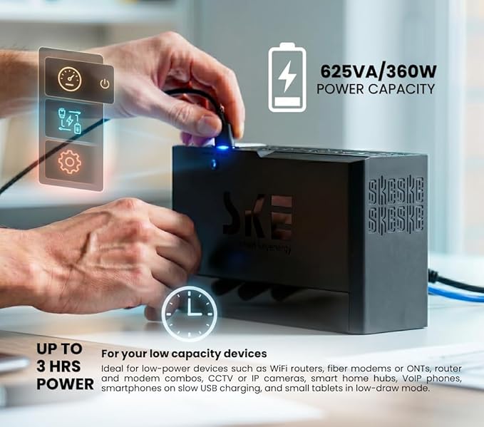 SKE VL625 625VA/360W UPS Battery Backup and Surge Protector - Uninterruptible Power Supply with AVR, 7 Outlets, USB and Type-C Charging, RJ45 Port for Computer, Router, Modem, and Home Office Devices