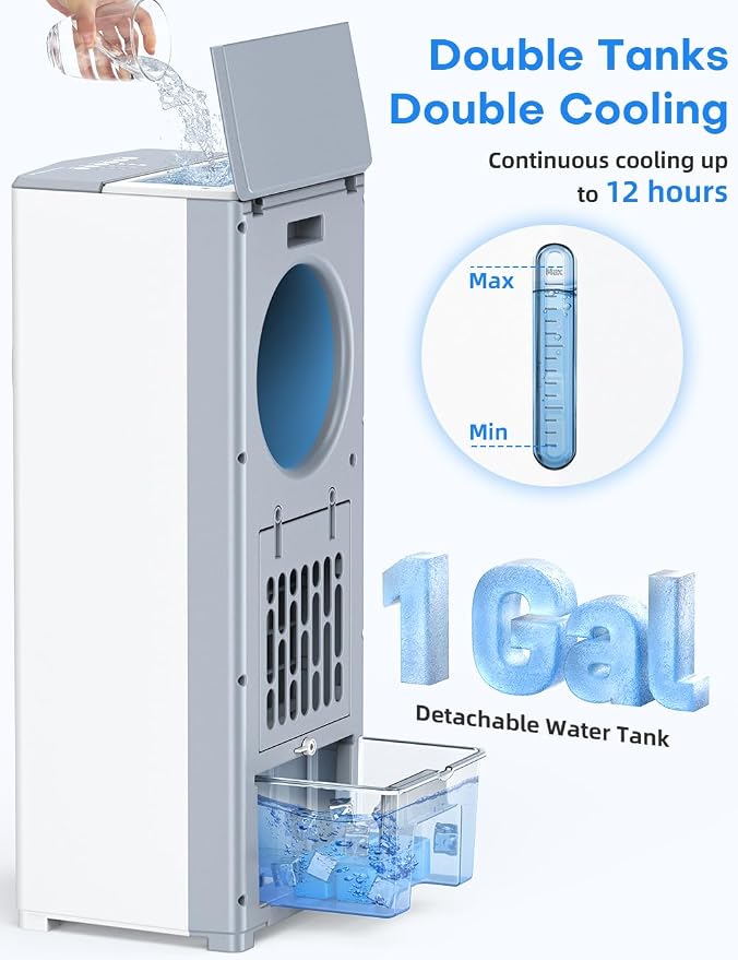 27 INCH Evaporative Air Cooler, Windowless Swamp Cooler Portable Air Conditioners w/Normal/Natural/Sleep/Cooling Mode,3 Speeds,Double Tanks& Remote & Smart Timer, Bladeless Air Cooler for Room