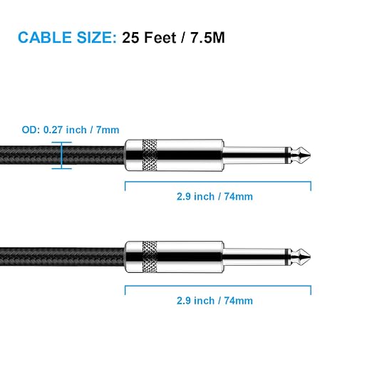 New Bee Guitar Cable 25ft Electric Instrument Cable Bass AMP Cord 1/4 Straight to Straight for Electric Guitar, Bass Guitar, Electric Mandolin, Pro Audio