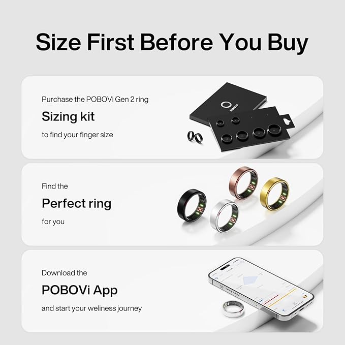 POBOVi Gen 2 Titanium Smart Ring for Women & Men, Sleep & Heart Rate Tracker, No Subscription, Size Before You Buy (Polished Silver, Size 11)