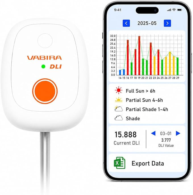 VBR-20 DLI Light Meter for Plants – Measure Full-Day Light, Identify Full Sun, Partial Sun, Shade, Track 180 Days & Export Data