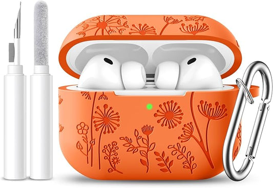 Lerobo for AirPods Pro 3 Case, Flower Engraved Silicone Protective Cover with Cleaner Kit & Keychain for Men and Women Compatible with Apple AirPod Pro 3 Case Cover,Wireless Charging,Orange