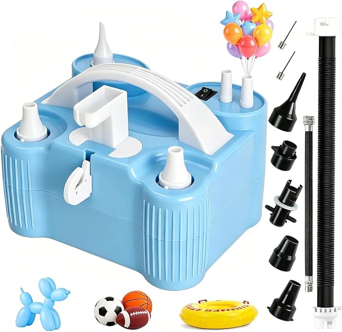 4-in-1 Electric Balloon Pump for All Balloons, Portable Triple Inflating Ports Air Pump, 600W High Power Balloon Blower for Latex Foil 260q Mylar Balloon, Air Beds Pool Float Sports Balls
