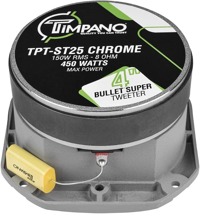 Timpano Super Tweeter 4 Inch TPT-ST25 Chrome, 8 Ohm, 900 Watts Max, 107 dB, 1.5 in Voice Coil, HIgh Sensitivity, Slim Profile Bullet Tweeters Speakers for Pro Audio (Pair)