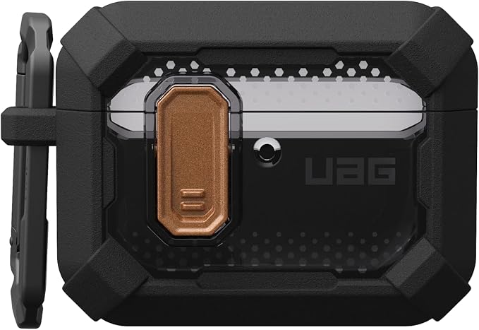 URBAN ARMOR GEAR UAG Designed for AirPods Pro 3rd Gen Case, Rugged Military Grade Drop Proof Protective Cover with Detachable Carabiner Clip & Secure Lip Closure, Plasma Blackout/Aged Bronze