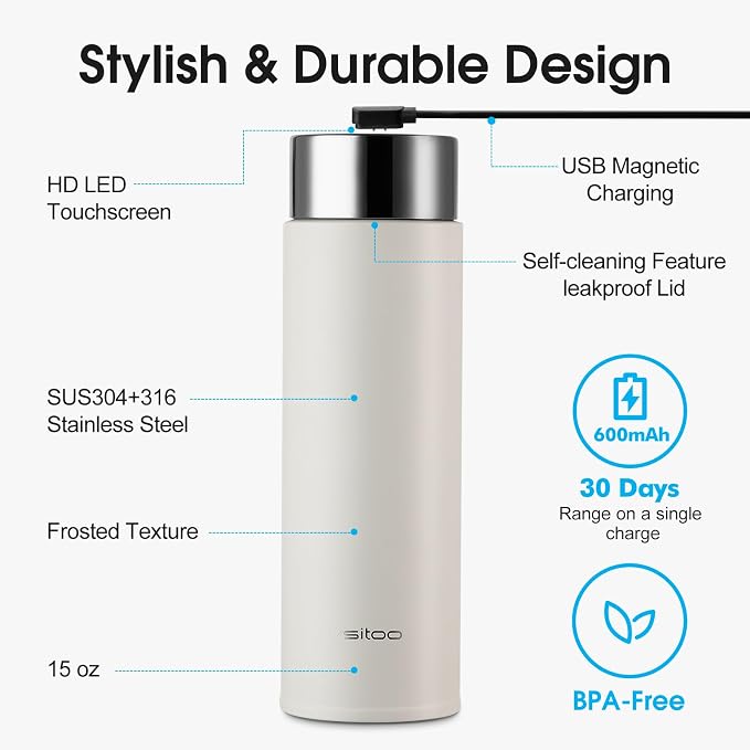 Vsitoo Smart self cleaning Insulated Water Bottle, 15oz Stainless Steel Vacuum Flask, AI Self-Clean, 30-Day Battery Life, BPA-Free, Magnetic Charging, Portable Travel Mug Gifts for Men Women, White