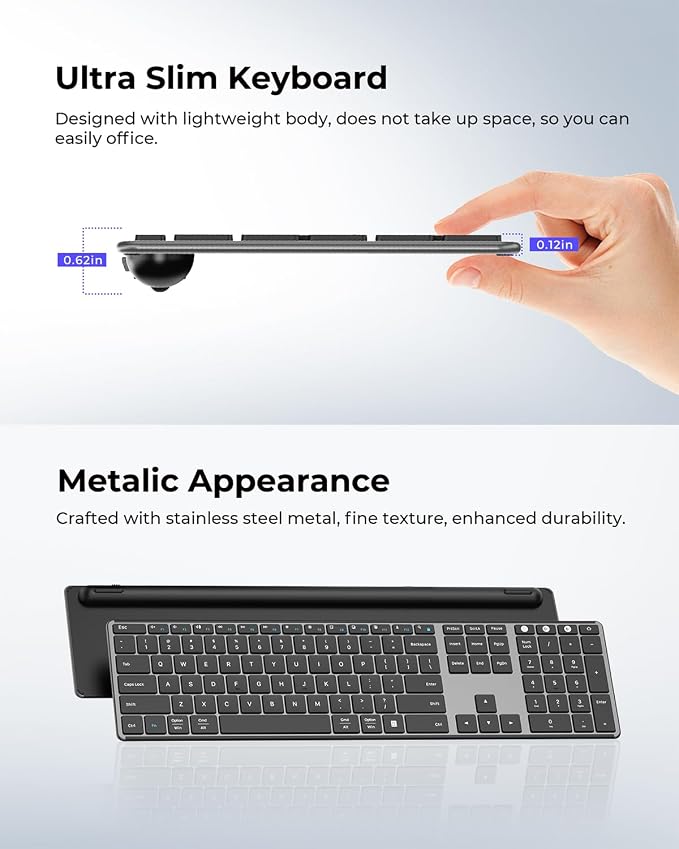 seenda Wireless Bluetooth Keyboard and Mouse Combo, SKM64-3 Rechargeable Slim Quiet Keyboard Mouse, 3 Multi-Device Connection, Compatible for Windows 11/10 PC Laptop Mac MacBook iPad, Black Gray