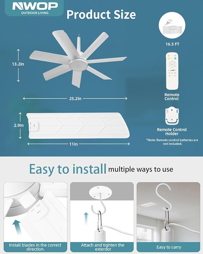 28'' Outdoor Ceiling Fans with Lights and Remote, LED Gazebo Hanging Fan with Hook, 3CCT 3000K-6500K Dimmable Gazebo Fan, 6-Speed Quiet Ceiling Fan with Timer for Patio, Porch, Pergola, Garage, White