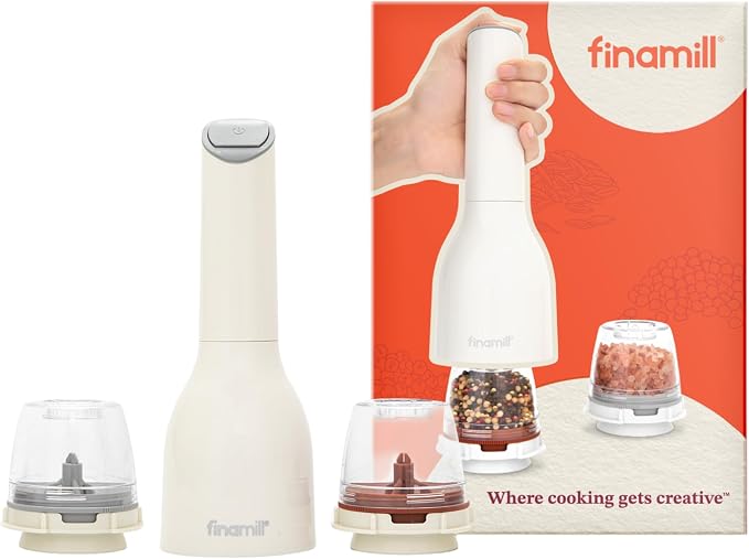 FinaMill Classic Battery Spice Mill – Battery Operated Salt and Pepper Grinder Set, Includes 2 Interchangeable Spice Pods, Adjustable Coarseness, LED Light, Home and Kitchen Gift Set for Father's Day