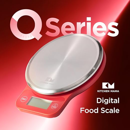 Kitchen Mama Q-Series Digital Food Scale, Red | 13.2 lb / 6000g Capacity, 1g Precision, Tare Function, Stainless Steel Platform, LCD Display