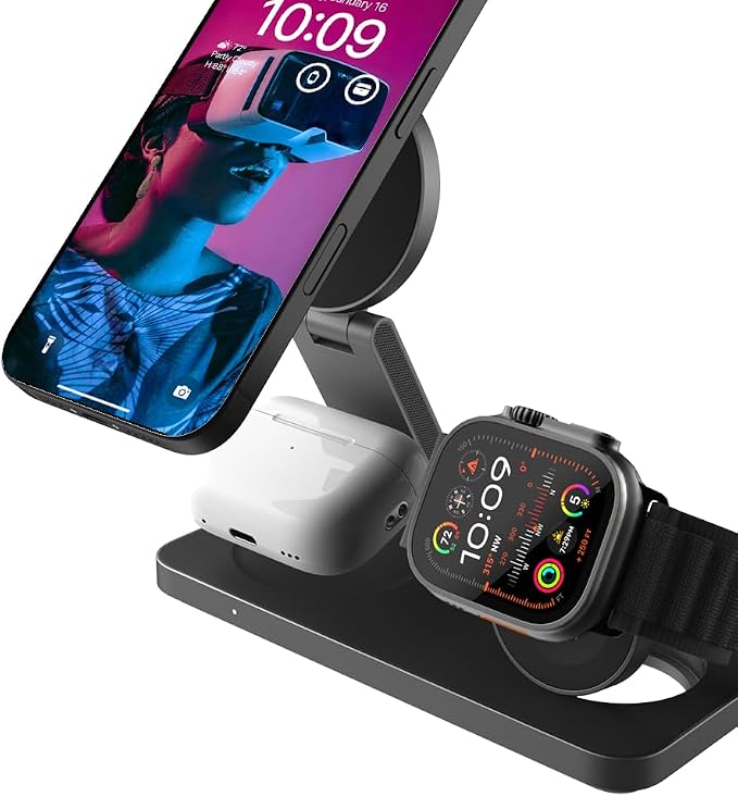 POUT Hands 7 PRO 3-in-1 Foldable Qi2 15W Wireless Charging Stand, Adjustable Angles, Compatible with MagSafe, for iPhone 17–12 Series, AirPods Pro/4/3, Apple Watch Ultra/SE/Series – Graphite Black