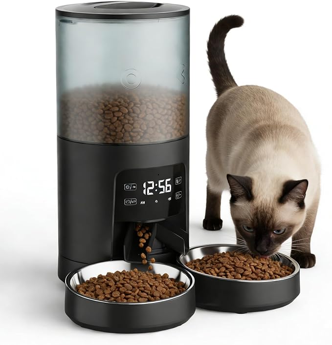 NEWBULIG Automatic Cat Feeder for 2 Cats, 6L/25.3 Cups Timed Pet Feeders with Dual Bowls, 10s Voice Recorder, Dog Food Dispenser for Dry Food, 6 Meals/Day, 50 Portions/Meal, Dual Power Supply, Black