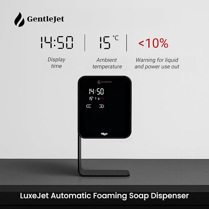 GentleJet LuxeJet Automatic Foaming Soap Dispenser Touchless Sensor, LED Display, 5 Foam Levels, Wall Mount or Countertop, Rechargable USB-C or Battery Powered, Aluminum Alloy, 480 ml Refillable