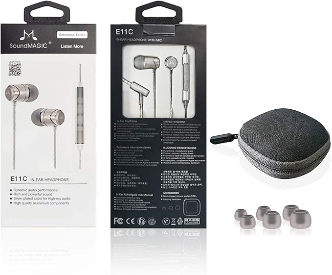 SoundMAGIC E11C Wired Earbuds, Built-in Mic, HiFi Sound, 3.5mm, Dark Silver | Crystal-clear call clarity, balanced accurate sound, rich bass, full aluminium housing, silver-plated cable, comfortable fit