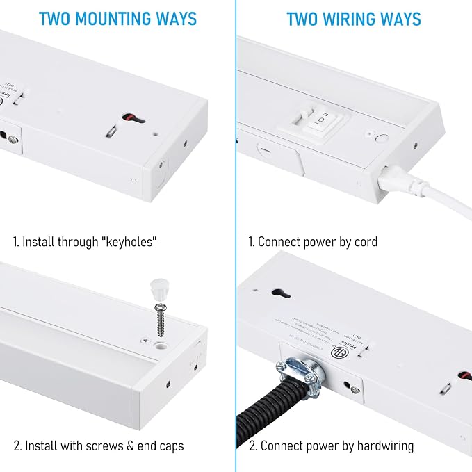 TORCHSTAR 4-Pack 8 Inch LED Under Cabinet Lighting 5CCT, ETL T24, 6W 450LM, Hardwired & Plug-in, 5 Color Selectable CRI90 120V Dimmable Under Counter Lights for Kitchen, White Aluminum Housing