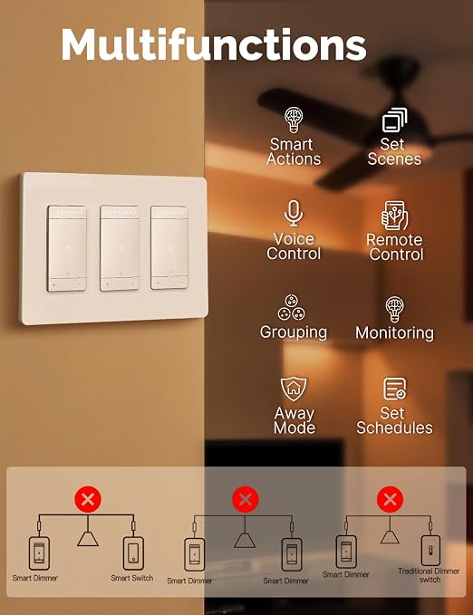 MOES 3 Way Smart Star Ring Dimmer Switch, 2.4GHz WiFi Dimmable Light Switch,Neutral Wire Required, Smart Life APP Remote Control, Works with Alexa & Google Assistant, Timer & Schedule White 3 Gang