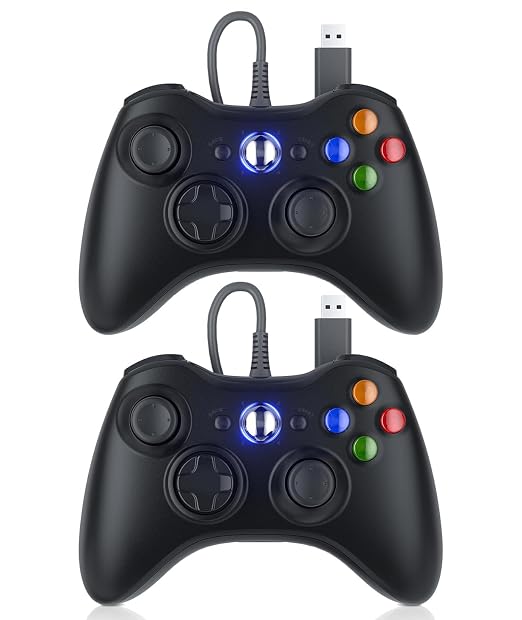 Dinosoo 2-Pack Wired Controller for Xbox 360 & PC with Upgraded Joystick, Double Shock, 2.5mm Audio Jack – 10ft Cable