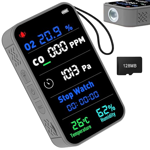 7-in-1 Portable Oxygen Detector for Indoor and Outdoor,288H Standby,O2 Monitor with,O2,Temperature,Humidity,Illumination,Room Oxygen Monitor for Car,RV,Camping,Travel (Gray)