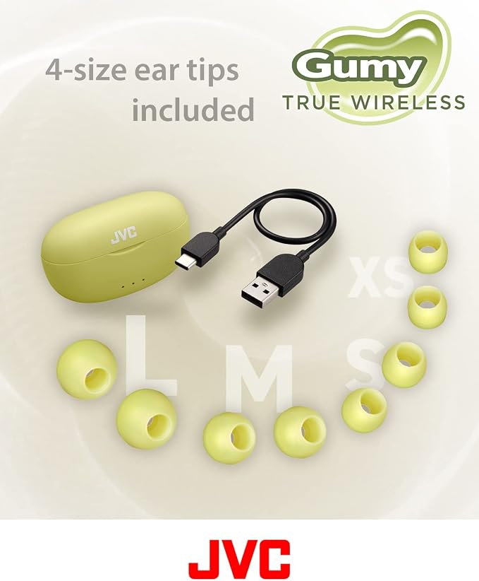 JVC Gumy True Wireless Earbuds, Bluetooth 5.3, Charging Case, 24-Hour Playback, IPX4 Water Resistant, Comfortable Secure Fit with XS/S/M/L Earpieces, Built-in Mic for Calls, iPhone/Android/PC - HAA7T2
