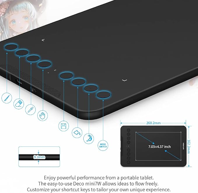 Wireless Drawing Tablet XPPen Deco mini7W Graphic Tablet Pen Tablet with 8192 Levels Pressure, 7 x 4 inch Artist Tablet for Online Teaching/E-Learning Compatible with Window/Mac/Android/Chrome/Linux