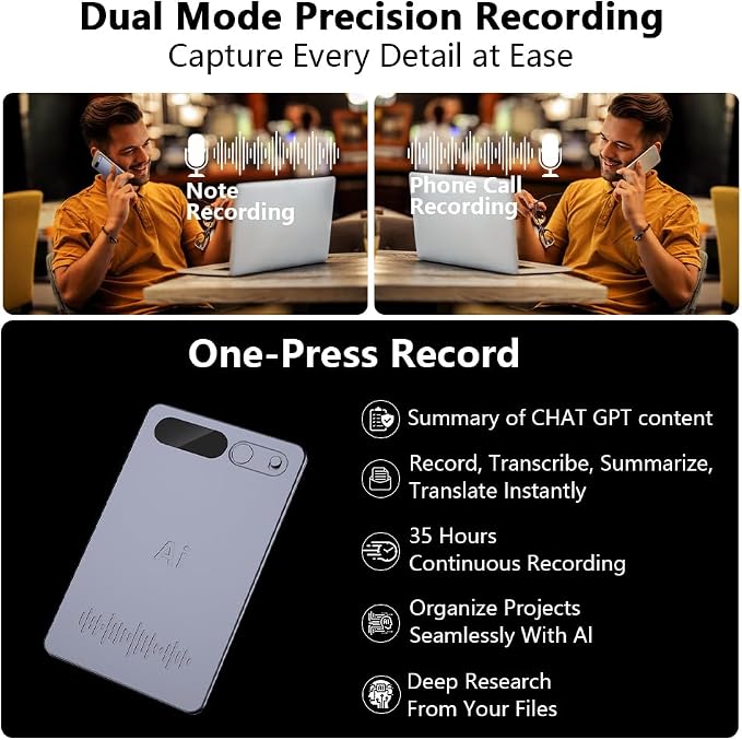 Voice Recorder with Black Case, AI Powered Transcription & Summary, Multiple Language Support, App Control, 64GB Storage, Meeting Friendly