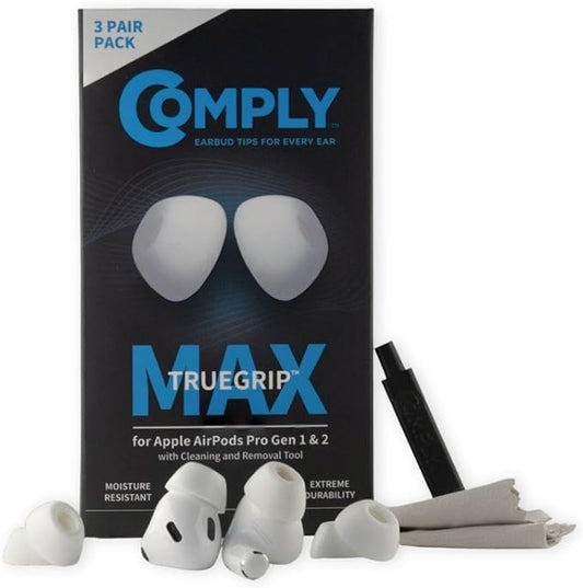 Comply TrueGrip MAX | Premium Memory Foam Replacement Earbud Tips for Apple AirPods Pro 1 & 2 | Long Lasting Comfort, Extreme Durability, Secure Fit, Superior Noise Isolation| White (Small) (3 Pairs)