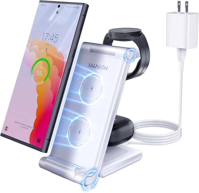 Wireless Charging Station for Samsung,MANKIW Foldable 3 in 1 Fast Charger Station for Galaxy S24 S23 S22 S20 Ultra Z Flip Fold 5/4/3Galaxy Watch 6/5/4/3Buds-White