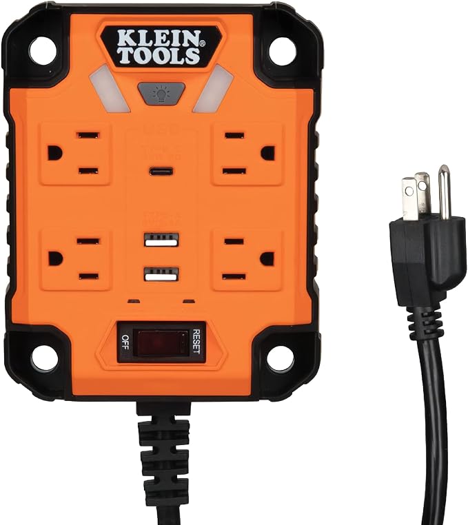 Klein Tools 29601 Magnetic Power Strip with Surge Protector, Extension Cord & AEPJS2 Bluetooth Speaker with Magnetic Strip and Hook, Rechargeable