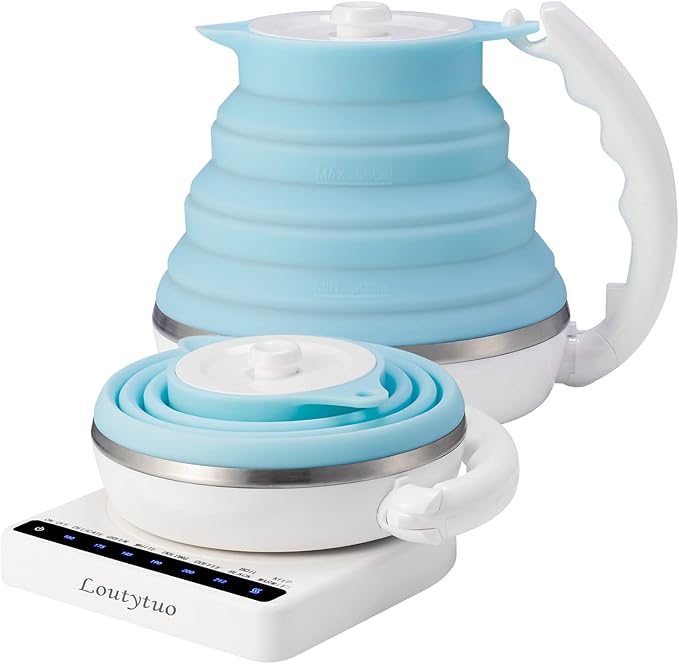 Ultrathin Food Grade Silicone Travel Foldable Electric Kettle Variable Temperature Control with Dual Voltage, Auto Shutoff & Boil Dry Protection & Keep Warm, 555ML 110-220V US Plug (Blue)