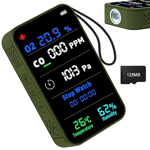 7-in-1 Portable Oxygen Detector for Indoor and Outdoor,288H Standby,O2 Detector with O2,Temperature,Humidity,Illumination,Room Oxygen Monitor for Car,RV,Camping,Travel (Green)