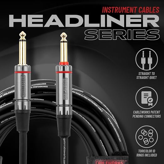 Cableworks By Gator Cases Headliner Series Premium 10 Ft Straight to Straight Guitar Instrument Cable with Quiet Switch Technology (GCWH-INS-10QT)